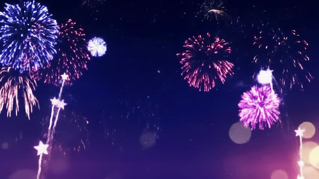 Breathtaking animated fireworks video with vibrant chrysanthemum, comet, starbursts, willow effects in indigo night sky, soft bokeh. Grand celebratory spectacle.