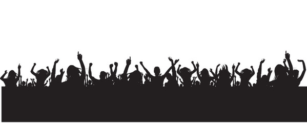 Vector illustration of a crowd of friends dancing at an outdoor music concert party with grass silhouettes against a sunset © ARIEN