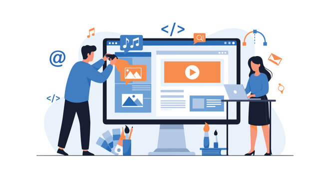 Professional web developers work together to design and code a multimedia website on a large computer screen in a creative studio office space.