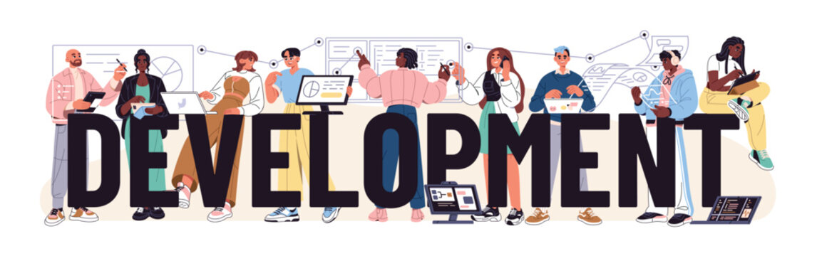 Development concept. Team is programming, works together. Teamwork project. Employees are coding in collaboration. Cooperation in coders group. Flat isolated vector illustration on white background