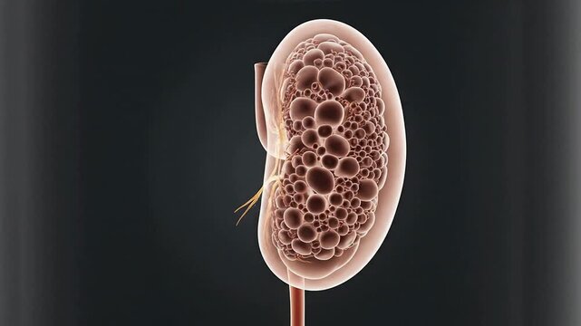 3D Rendering of a Human Kidney Anatomy with Glowing Cellular Structures against a Dark Background for Medical and Educational Use