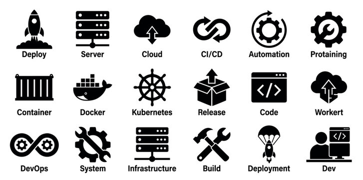Comprehensive collection of black flat icons representing various software development and IT operations concepts in a clean, modern style