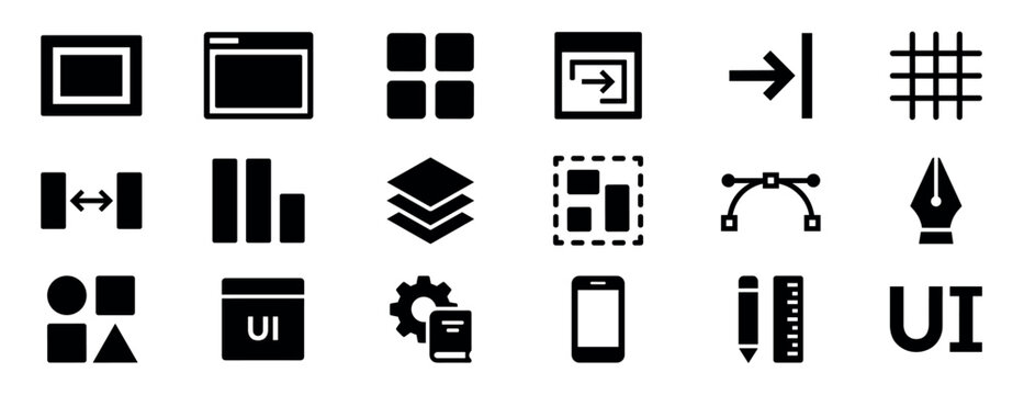 Comprehensive collection of black user interface and web design icons, including various layout, alignment, and editing tools