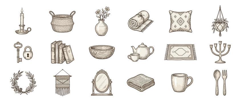 Assortment of hand-drawn vintage home decor elements, including candles, baskets, books, and textiles, rendered in a detailed engraving style