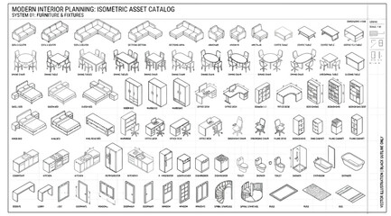 Obraz premium Modern interior planning isometric asset catalog for furniture and fixtures