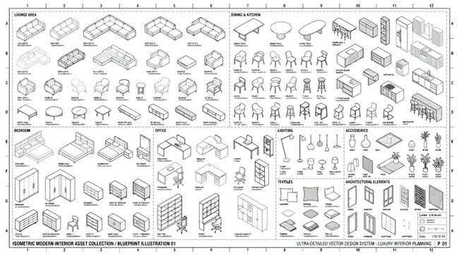 Ultradetailed isometric modern interior asset collection for luxury planning
