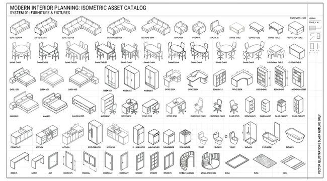 Modern interior planning isometric asset catalog for furniture and fixtures