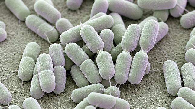 Microscopic view of numerous cylindrical bacteria on a textured surface