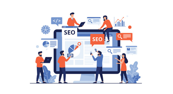 Professionals collaborating around a monitor displaying SEO analytics and performance metrics to improve website search ranking.