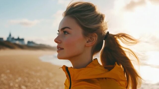 Young woman in yellow jacket enjoying a serene beach sunset. Stunning profile view capturing the beauty of coastal life and natural surroundings. Generative AI