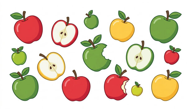 Fresh ApFresh Apple Collection Vector Illustration with Red, Green, and ple Collection Vector Illustration with Red, Green, and Yellow Apples, Whole and Sliced Fruits, and Playful Healthy Food Designs
