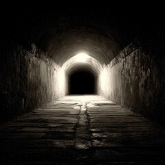 Obraz premium Dramatic perspective down a long, empty stone corridor illuminated by a bright light at the vanishing point.