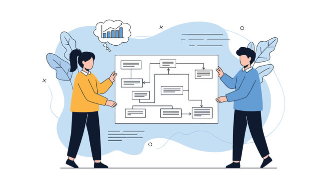 Colleagues holding a large poster of a complex flowchart with a thought bubble showing financial growth to represent collaborative planning.