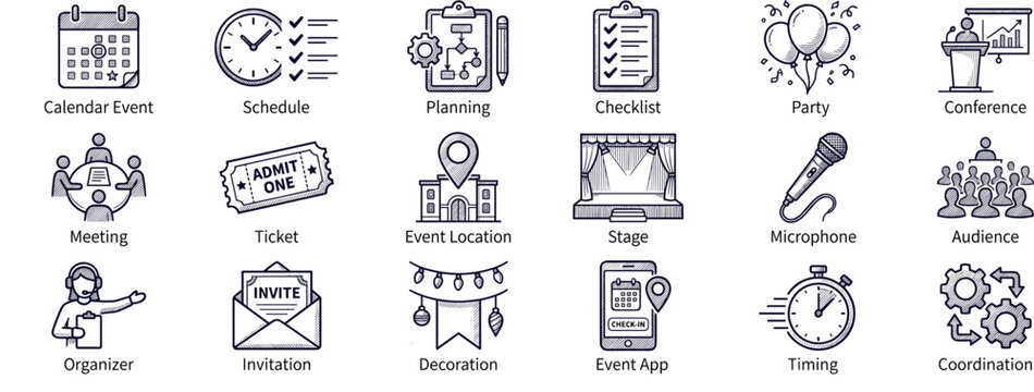 Comprehensive collection of hand-drawn event management icons, featuring essential elements like planning, scheduling, and coordination, presented in a clear doodle style