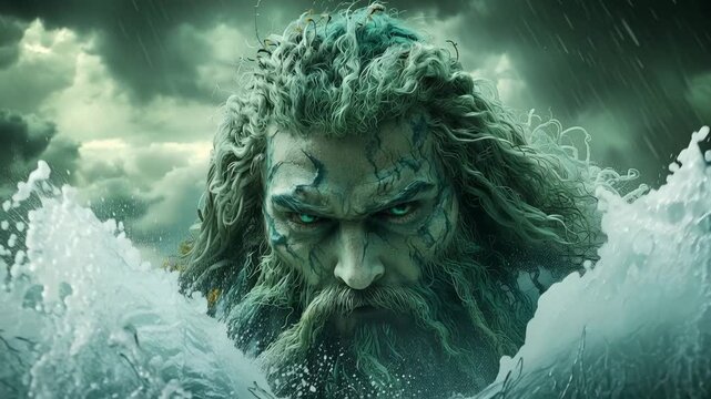 Mighty ancient sea god emerges from turbulent ocean waves, fierce expression, holding powerful trident under stormy sky.