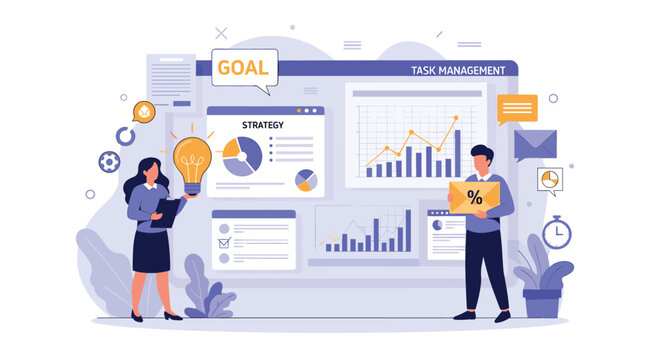 Business team working together around a large task management board with strategy charts and goals to execute a project successfully.