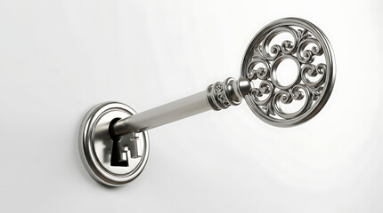 Obraz premium Antique decorative silver key inserted in ornate keyhole escutcheon with security escutcheon hardware decoration mechanism interior protection