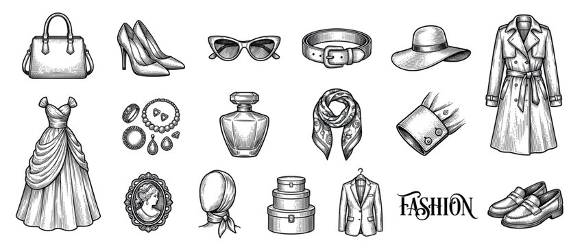 Various hand-drawn fashion accessories and clothing items are arranged neatly, showcasing a classic engraving style with detailed textures