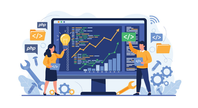 Creative team of developers collaborating on a complex software project with high-tech tools and innovative programming ideas.