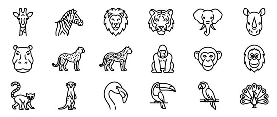 Fototapeta premium Collection of various outline animal icons including a giraffe, zebra, lion, tiger, elephant, and rhinoceros