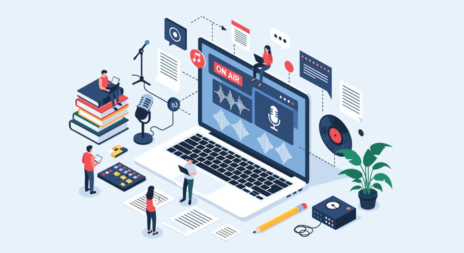 Creative media team producing a professional podcast and managing digital audio content on a modern recording platform.