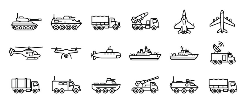Comprehensive collection of military vehicle and equipment line icons, featuring various modes of transport and weaponry