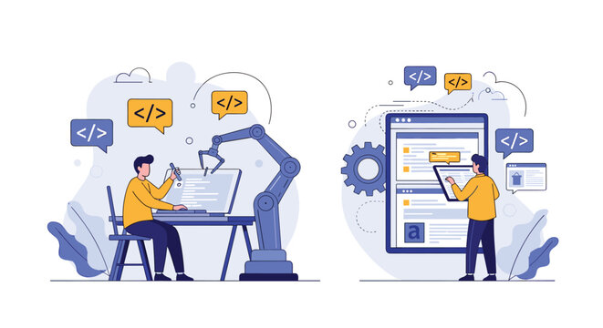 Software developers using robotic process automation and AI tools to optimize web design and coding efficiency.