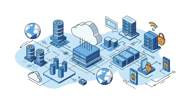 Comprehensive isometric diagram of a global cloud computing infrastructure with secure data servers and interconnected devices.