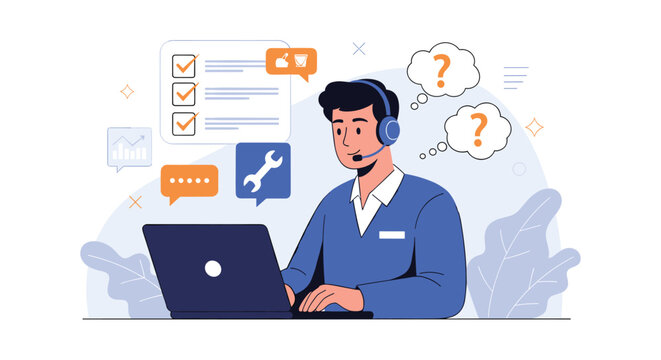 Helpful technical support agent troubleshooting issues and guiding customers through a service checklist on a laptop.