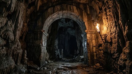 Naklejka premium Ancient Stone Dungeon Tunnel Entrance Illuminated by Torchlight