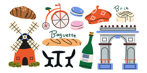 Welcome to France vector elements in cartoon style. French landmarks, culture, food, macarons, croissant, wine, cheese. Romantic French vacation and sightseeing stickers collection © luamor
