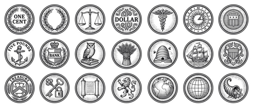 Collection of twenty detailed vintage coin-like emblems in a classic woodcut style, featuring various symbolic designs