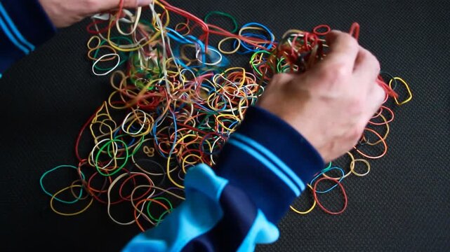 Gomas el&aacute;sticas flexible en mont&oacute;n y c&iacute;rculos de colores en mano estirando liga elasticidad gomilla pl&aacute;stico elastic band rubber material elast&oacute;mero multicolor y fondo negro