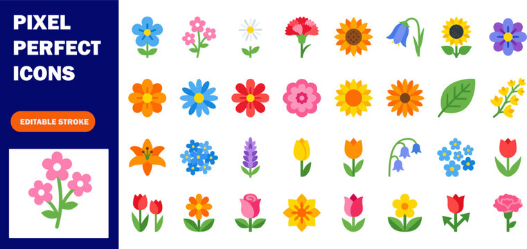 Flat vector flower icon set, naive Scandinavian folk art. Colorful collection of hand drawn field blossoms - rose, tulip, sunflower, daisy, poppy. Simple illustrations floral decor, botanical elements