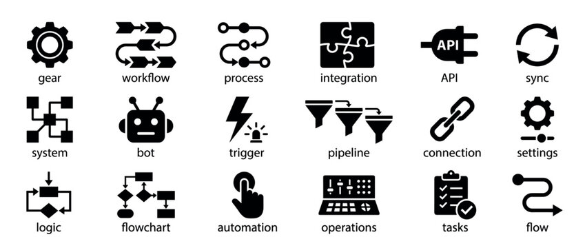 Comprehensive collection of black flat icons representing various business and technology concepts on a clean white surface