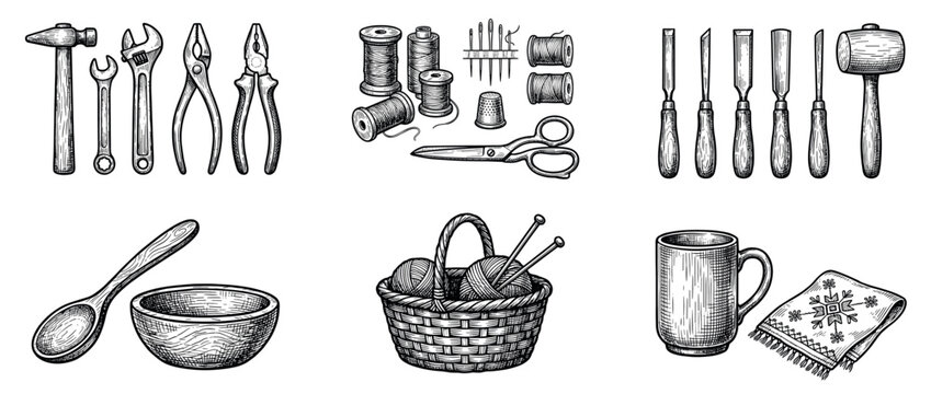 Various hand-drawn vintage tools and craft items including wrenches, sewing supplies, woodworking chisels, and kitchen utensils