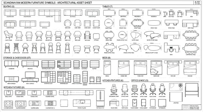 Scandinavian modern furniture symbols architectural asset sheet