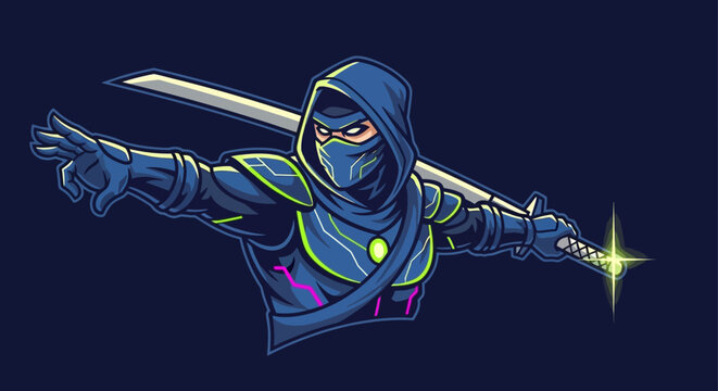 Blue cyber ninja warrior with sword esport mascot logo