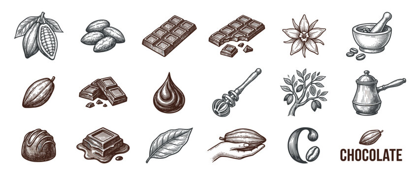 Hand-drawn vintage style chocolate elements collection features cocoa pods, beans, bars, and confectionery items in a detailed engraving illustration