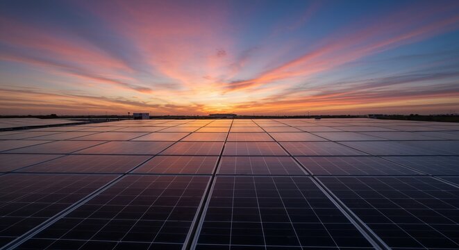 Solar Panels Array Under Beautiful Dawn Rays, Harnessing Sustainable Energy for a Greener Future