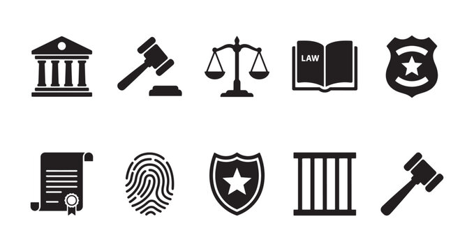 Law and judicial system icons set in solid black vector style