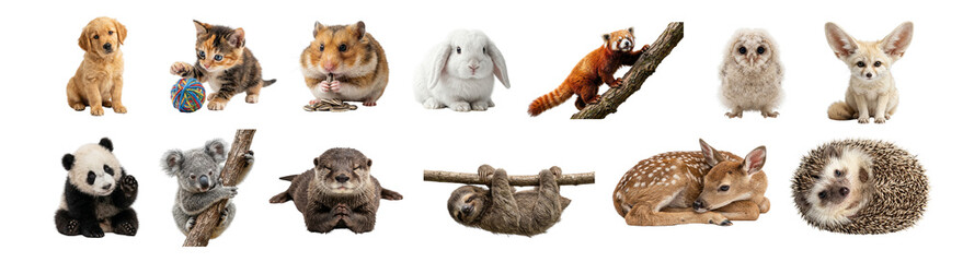 Fototapeta premium Set of cute baby animals isolated on transparent background including puppy kitten hamster bunny red panda owl fox panda koala otter sloth deer and hedgehog for sticker design and education