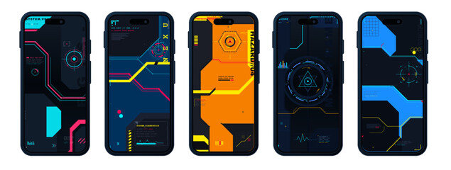 Plakat Set of five futuristic smartphone screen mockups with neon geometric HUD interfaces, dark backgrounds, and cyberpunk tech design elements. Cyberpunk wallpapers vector illustration