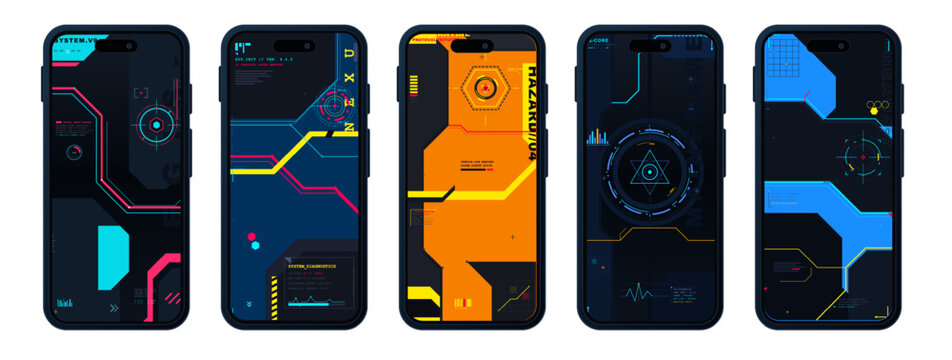Set of five futuristic smartphone screen mockups with neon geometric HUD interfaces, dark backgrounds, and cyberpunk tech design elements. Cyberpunk wallpapers vector illustration