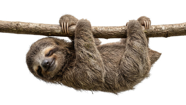 Adorable three-toed sloth hanging upside down from tree branch, slow-moving mammal with long claws and fur, serene and peaceful expression on face, isolated on transparent background