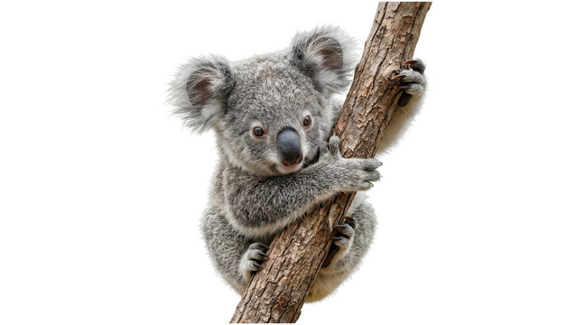 Cute baby koala clinging to tree trunk, fluffy grey fur, large round ears, curious dark eyes, marsupial mammal native to australia, adorable wildlife, isolated on transparent background