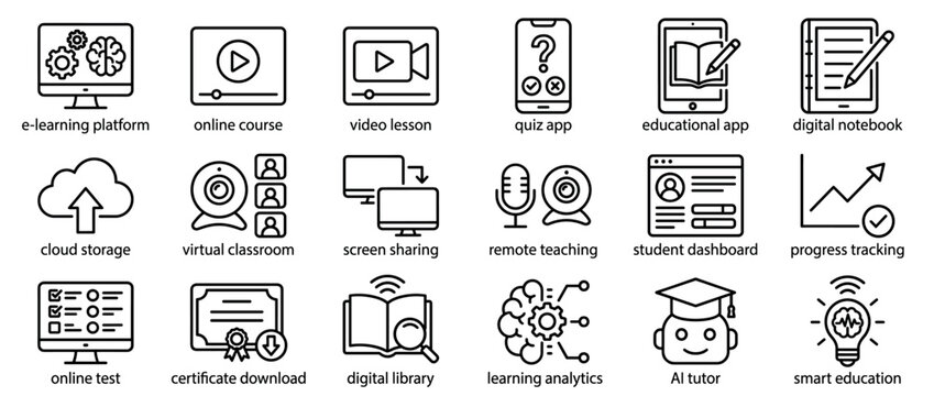 Comprehensive collection of black outline icons representing various aspects of e-learning, online education, and digital teaching tools