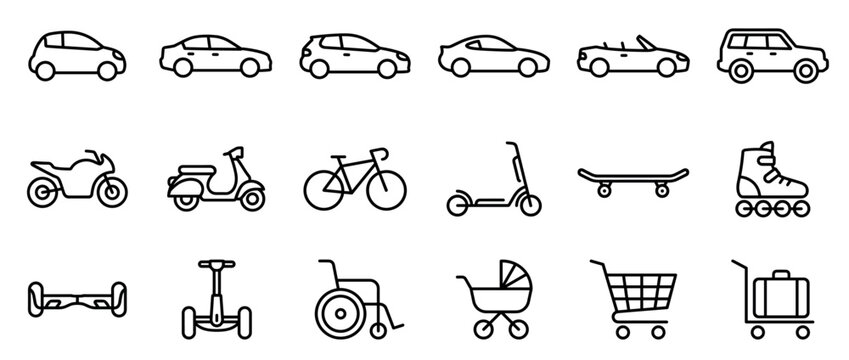 Comprehensive collection of various transportation and mobility line icons, including cars, motorcycles, bicycles, and other vehicles, presented in a clean, minimalist style