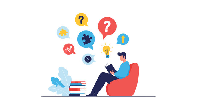 Dedicated student sitting in a bean bag chair reading a book while brainstorming creative solutions and solving complex problems with new ideas.