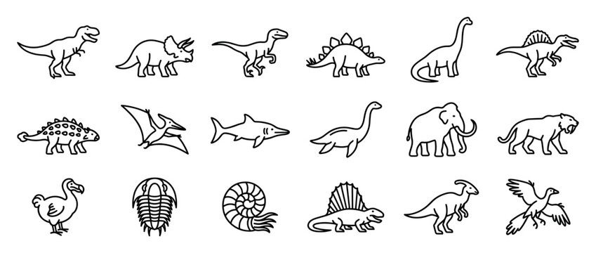 Collection of various extinct animal and dinosaur line art icons, featuring a clean, minimalist style